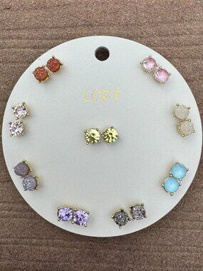 LOFT NWT 9 Pair Gold Tone Stud Earring Set Pastel Druzy Crystal Jewelry